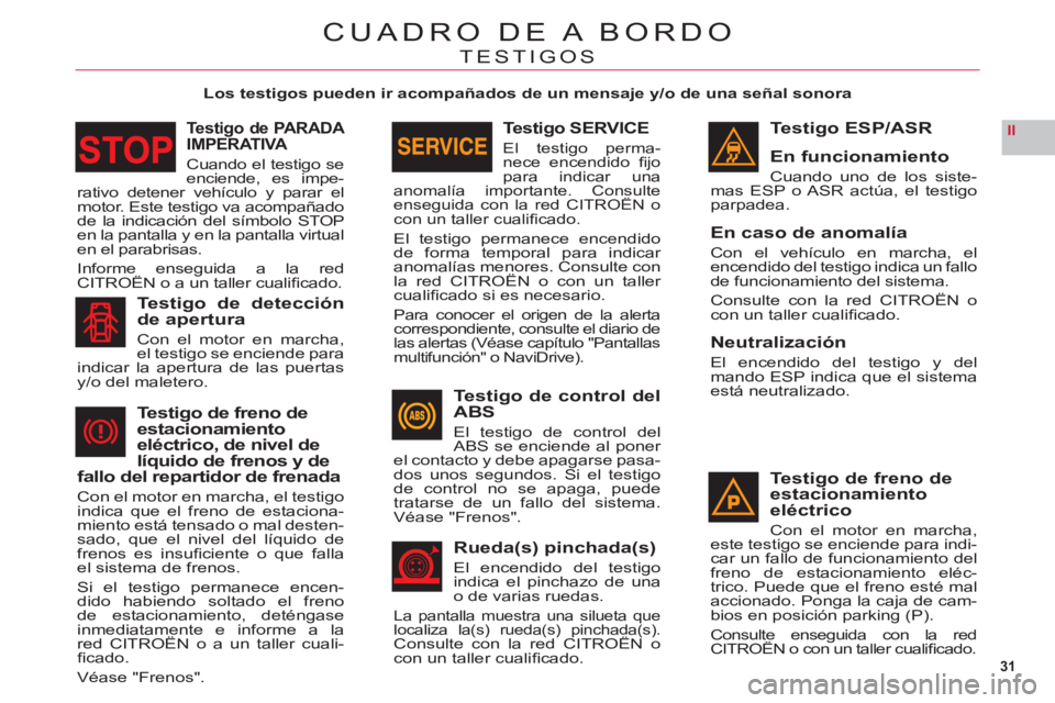 CITROEN C6 2012 Manuales de Empleo (in Spanish) 31
II
CUADRO DE A BORDO
TESTIGOS
Los testigos pueden ir acompañados de un mensaje y/o de una señal sonora
Testigo ESP/ASR
En funcionamiento
Cuando uno de los siste-mas ESP o ASR actúa, el testi CITROEN C6 2012 Manuales de Empleo (in Spanish) 31
II
CUADRO DE A BORDO
TESTIGOS
Los testigos pueden ir acompañados de un mensaje y/o de una señal sonora
Testigo ESP/ASR
En funcionamiento
Cuando uno de los siste-mas ESP o ASR actúa, el testi