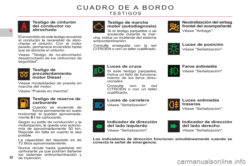 CITROEN C6 2012 Manuales de Empleo (in Spanish) 32
II
CUADRO DE A BORDO
TESTIGOS
Neutralización del airbagfrontal del acompañante
Véase "Airbags".
Indicador de dirección del lado izquierdo
Véase "Señalización".
Indicador de dirección
del la CITROEN C6 2012 Manuales de Empleo (in Spanish) 32
II
CUADRO DE A BORDO
TESTIGOS
Neutralización del airbagfrontal del acompañante
Véase "Airbags".
Indicador de dirección del lado izquierdo
Véase "Señalización".
Indicador de dirección
del la