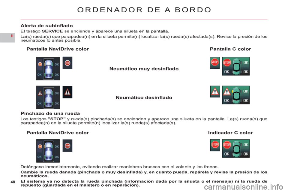 CITROEN C6 2012  Manuales de Empleo (in Spanish) 48
II
ORDENADOR DE A BORDO
Alerta de subinﬂ ado
El testigo SERVICE se enciende y aparece una silueta en la pantalla.
La(s) rueda(s) que parapadea(n) en la silueta permite(n) localizar la(s) rueda(s)