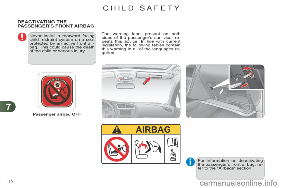 Citroen C4 DAG 2014.5 2.G Owners Manual 77
110Â
C4-2_en_Chap07_securite-enfants_ed01-2014
Passenger airbag OFF
Never Â
install
Â
a
Â
rearward
Â
facing
Â
child
Â
restraint
Â
system
Â
on
Â
a
Â
seat
Â
protected
Â
by
 Citroen C4 DAG 2014.5 2.G Owners Manual 77
110Â
C4-2_en_Chap07_securite-enfants_ed01-2014
Passenger airbag OFF
Never Â
install
Â
a
Â
rearward
Â
facing
Â
child
Â
restraint
Â
system
Â
on
Â
a
Â
seat
Â
protected
Â
by
Â