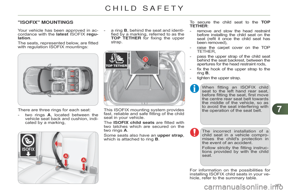 Citroen C4 DAG 2014.5 2.G Owners Manual 77
117 
C4-2_en_Chap07_securite-enfants_ed01-2014
"ISOFIX" MOUNTINGS
There are three rings for each seat:
-  
two
  
rings
  
A
 ,  
located
  
between
  
the
  
vehicle

 
seat
  
bac