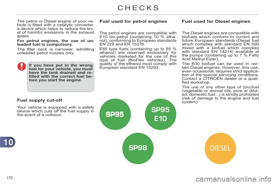 Citroen C4 DAG 2014.5 2.G Owners Manual 1010
172Â
C4-2_en_Chap10_verification_ed01-2014
Fuel used for petrol engines
The petrol engines  are  compatible  with  E10
 bio-petrol  (containing  10  %  etha -
nol),
Â
conforming
Â
Citroen C4 DAG 2014.5 2.G Owners Manual 1010
172Â
C4-2_en_Chap10_verification_ed01-2014
Fuel used for petrol engines
The petrol engines  are  compatible  with  E10
 bio-petrol  (containing  10  %  etha -
nol),
Â
conforming
Â