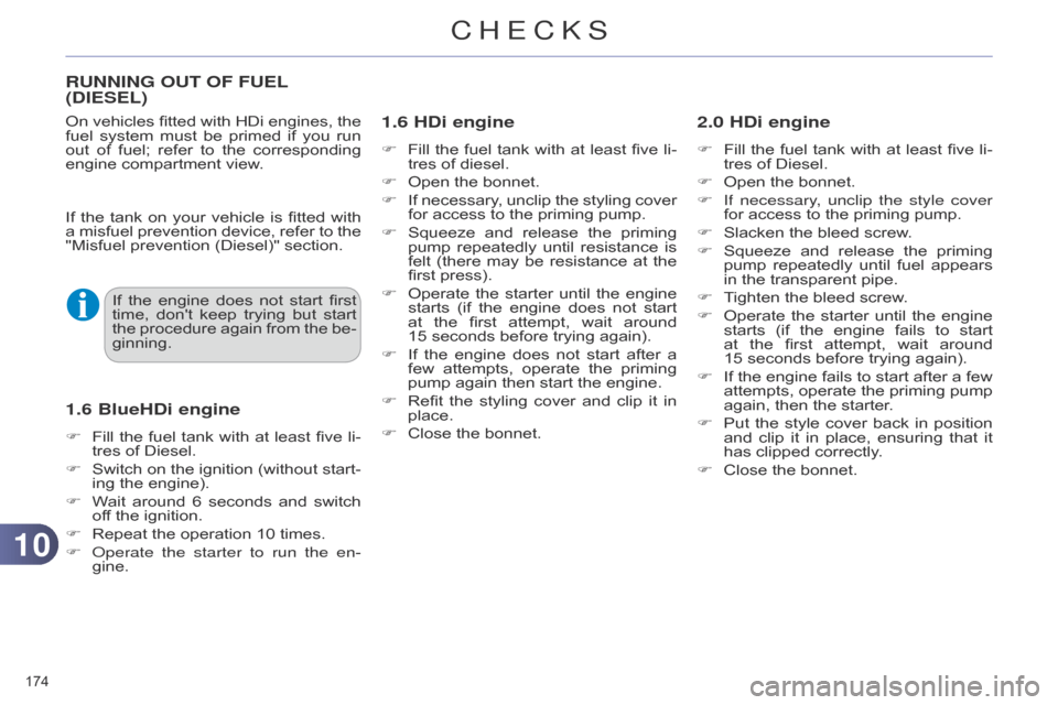 Citroen C4 DAG 2014.5 2.G Owners Manual 1010
174Â
C4-2_en_Chap10_verification_ed01-2014
RUNNING OUT OF FUEL
(D IESEL )
1.6 HDi engine
F Fill the  fuel  tank  with  at  least  five  li -
tres  of  diesel.
F
Â
Open
 the  Citroen C4 DAG 2014.5 2.G Owners Manual 1010
174Â
C4-2_en_Chap10_verification_ed01-2014
RUNNING OUT OF FUEL
(D IESEL )
1.6 HDi engine
F Fill the  fuel  tank  with  at  least  five  li -
tres  of  diesel.
F
Â
Open
 the Â