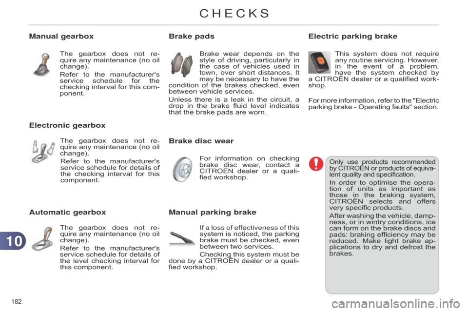 Citroen C4 DAG 2014.5 2.G Owners Manual 1010
182
C4-2_en_Chap10_verification_ed01-2014
Automatic gearbox
The gearbox does not re -
quire any maintenance (no oil
change).
Refer
to
the
manufacturers
servi Citroen C4 DAG 2014.5 2.G Owners Manual 1010
182
C4-2_en_Chap10_verification_ed01-2014
Automatic gearbox
The gearbox does not re -
quire any maintenance (no oil
change).
Refer
to
the
manufacturers
servi