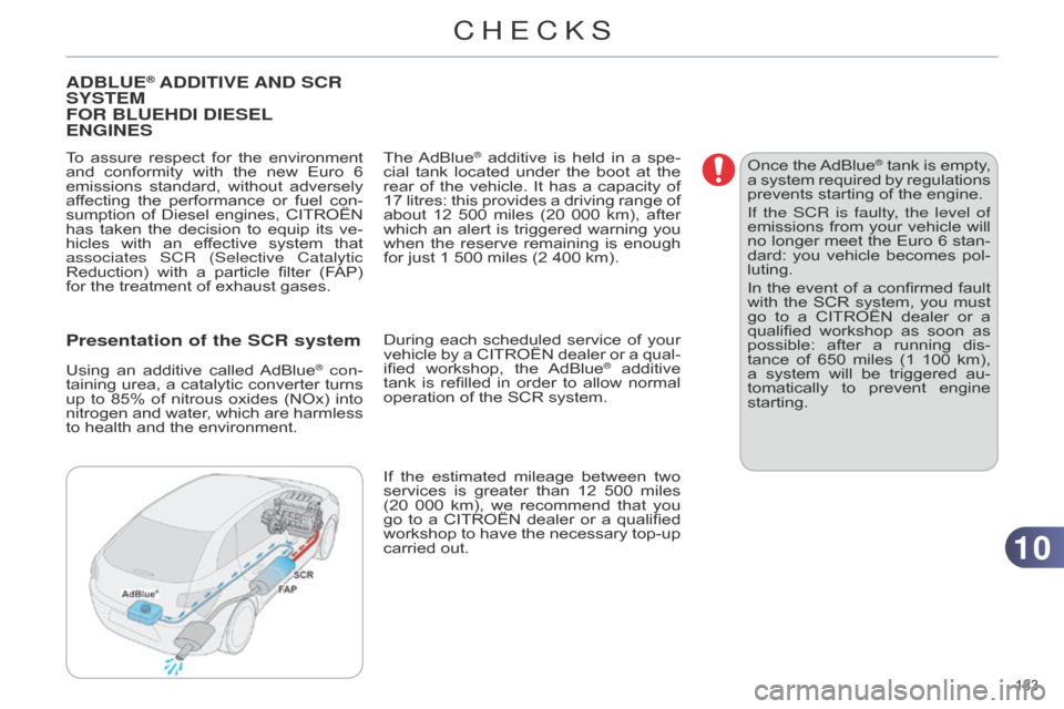 Citroen C4 DAG 2014.5 2.G Owners Manual 1010
183
C4-2_en_Chap10_verification_ed01-2014
ADBLUE® ADDITIVE AND SCR SYSTEM
FOR
B
LUE HD I D IESEL
ENGINES
To assure respect for the environment and
conformity with the new Citroen C4 DAG 2014.5 2.G Owners Manual 1010
183
C4-2_en_Chap10_verification_ed01-2014
ADBLUE® ADDITIVE AND SCR SYSTEM
FOR
B
LUE HD I D IESEL
ENGINES
To assure respect for the environment and
conformity with the new
