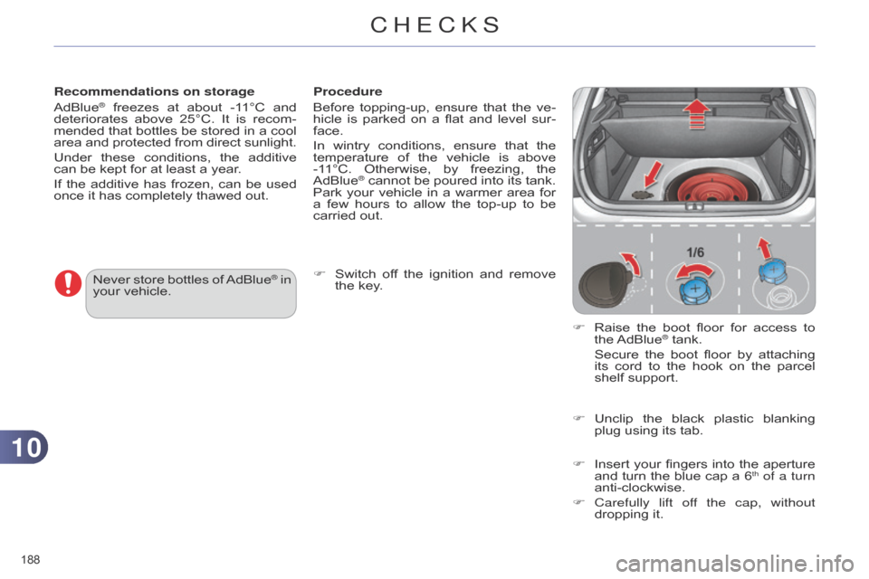 Citroen C4 DAG 2014.5 2.G Owners Manual 1010
188
C4-2_en_Chap10_verification_ed01-2014
Recommendations on storage
AdBlue® freezes at about -1 1°C and deteriorates
above 25°C. It is recom -
mended
that
bottles Citroen C4 DAG 2014.5 2.G Owners Manual 1010
188
C4-2_en_Chap10_verification_ed01-2014
Recommendations on storage
AdBlue® freezes at about -1 1°C and deteriorates
above 25°C. It is recom -
mended
that
bottles
