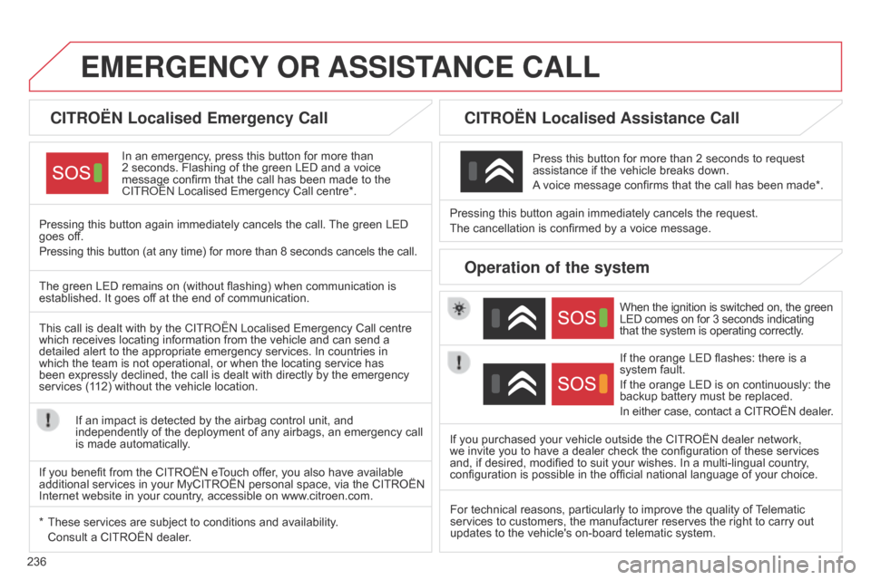 Citroen C4 DAG 2014.5 2.G Owners Manual 236
C4-2_en_Chap13a_BTA_ed01-2014
EMERGENCY OR ASSIST ANCE CALL
CITROËN Localised Emergency Call
In an emergency, press this button for more than 2 seconds.
 Flashing  of  the  g Citroen C4 DAG 2014.5 2.G Owners Manual 236
C4-2_en_Chap13a_BTA_ed01-2014
EMERGENCY OR ASSIST ANCE CALL
CITROËN Localised Emergency Call
In an emergency, press this button for more than 2 seconds.
 Flashing  of  the  g
