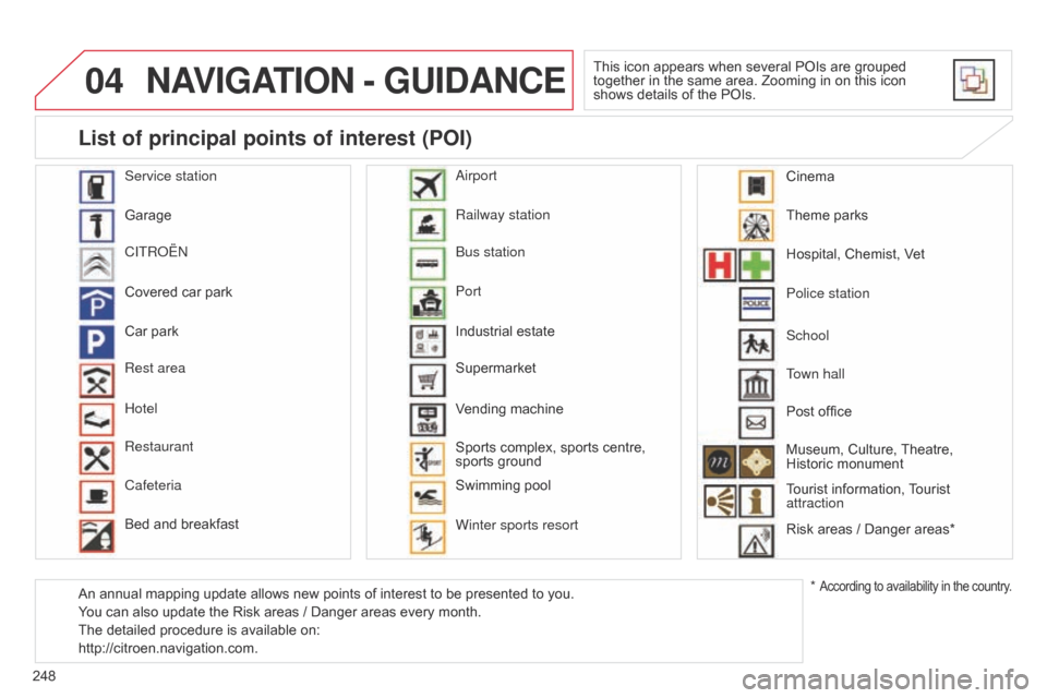 Citroen C4 DAG 2014.5 2.G User Guide 04
248
C4-2_en_Chap13b_RT6_ed01-2014
NAVIGATION - GUIDANCE
This icon appears when several POIs are grouped together  in   the   same   area.   Zooming   in   on   this   icon  
shows