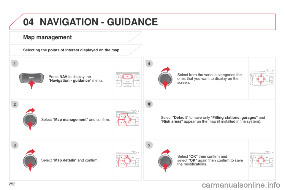 Citroen C4 DAG 2014.5 2.G Manual PDF 04
252
C4-2_en_Chap13b_RT6_ed01-2014
NAVIGATION - GUIDANCE
Press N AV to  display  the  "
Navigation - guidance "
 menu.
Map management
Selecting the points of interest displayed on the map
Se Citroen C4 DAG 2014.5 2.G Manual PDF 04
252
C4-2_en_Chap13b_RT6_ed01-2014
NAVIGATION - GUIDANCE
Press N AV to  display  the  "
Navigation - guidance "
 menu.
Map management
Selecting the points of interest displayed on the map
Se