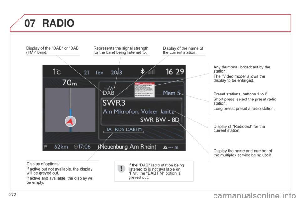 Citroen C4 DAG 2014.5 2.G Owners Manual 07
272
C4-2_en_Chap13b_RT6_ed01-2014
Display of options:
if   active   but   not   available,   the   display  
will

  be   greyed   out,
if
  active   and   available,   the   displ