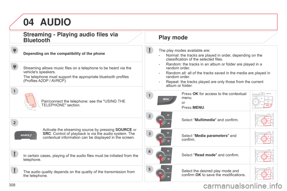 Citroen C4 DAG 2014.5 2.G Owners Manual 04
308
C4-2_en_Chap13c_RD5_ed01-2014
AUDIO
Streaming - Playing audio files via
Bluetooth
Depending on the compatibility of the phonePair/connect  the  telephone:  see  the  "USING Â
THE
 Citroen C4 DAG 2014.5 2.G Owners Manual 04
308
C4-2_en_Chap13c_RD5_ed01-2014
AUDIO
Streaming - Playing audio files via
Bluetooth
Depending on the compatibility of the phonePair/connect  the  telephone:  see  the  "USING Â
THE
Â