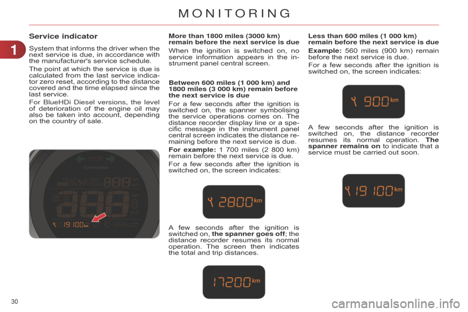 Citroen C4 DAG 2014.5 2.G Owners Guide 30
C4-2_en_Chap01_controle-de-marche_ed01-2014
Service indicator
System that informs the driver when the next
service is due, in accordance with
the
manufacturers Citroen C4 DAG 2014.5 2.G Owners Guide 30
C4-2_en_Chap01_controle-de-marche_ed01-2014
Service indicator
System that informs the driver when the next
service is due, in accordance with
the
manufacturers