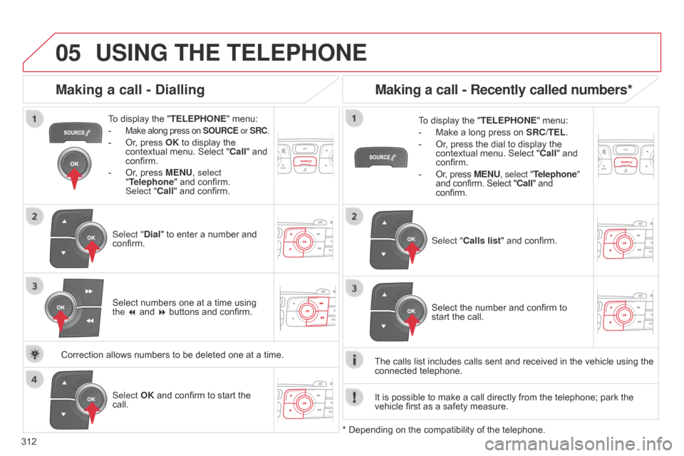 Citroen C4 DAG 2014.5 2.G Owners Manual 05
 
  
312
C4-2_en_Chap13c_RD5_ed01-2014
USING THE TELEPHONE
To display the " TELEPHONE "   menu:
-  
Make along press on SOURCE or SRC.
- Or,   press   OK   to   display   the  conte