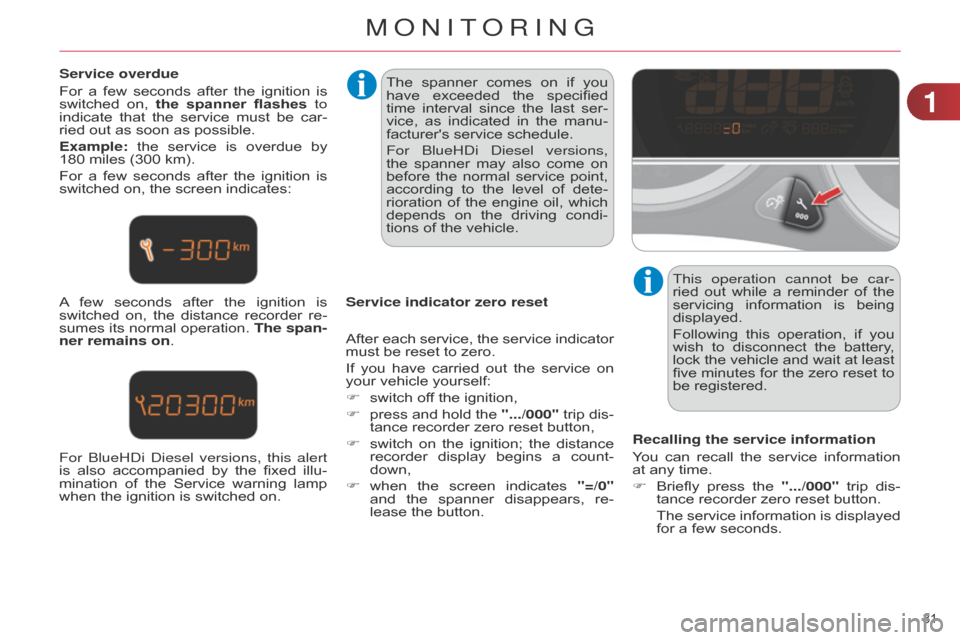 Citroen C4 DAG 2014.5 2.G Owners Manual 31 
C4-2_en_Chap01_controle-de-marche_ed01-2014
Service overdue
For 
a
  
few
  
seconds
  
after
  
the
  
ignition
  
is
  
switched

 
on,
  
the 
 spanner  flashes to 
indicate
 
that
