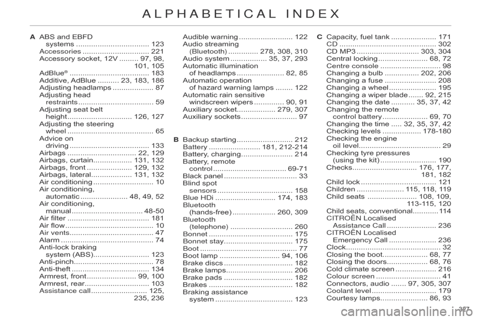 Citroen C4 DAG 2014.5 2.G Owners Manual 327 
C4-2_en_Chap14_index-alpha_ed01-2014
ABS and EBFD  
systems  .................................. 123a

ccessories  
............................... 221
Accessory

  socket,   12V  
......