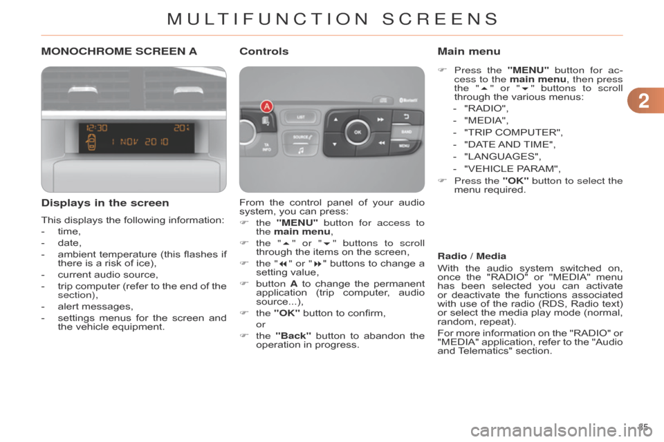 Citroen C4 DAG 2014.5 2.G Owners Guide 22
35 
C4-2_en_Chap02_ecran-multifonction_ed01-2014
MONOCHROME SCREEN A
Displays in the screen
This displays the following information:
-  
time,
-

 
date,
-

 
ambient
  
temperature
  
(t