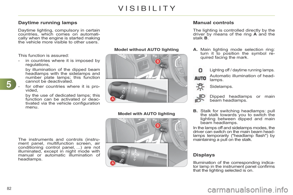 Citroen C4 DAG 2014.5 2.G User Guide 55
82Â
C4-2_en_Chap05_visibilite_ed01-2014
Model without AUTO lightingModel with AUTO lighting A.
 Main  lighting  mode  selection  ring:  turn
 it  to  position  the  symbol  re -
quired Citroen C4 DAG 2014.5 2.G User Guide 55
82Â
C4-2_en_Chap05_visibilite_ed01-2014
Model without AUTO lightingModel with AUTO lighting A.
 Main  lighting  mode  selection  ring:  turn
 it  to  position  the  symbol  re -
quired