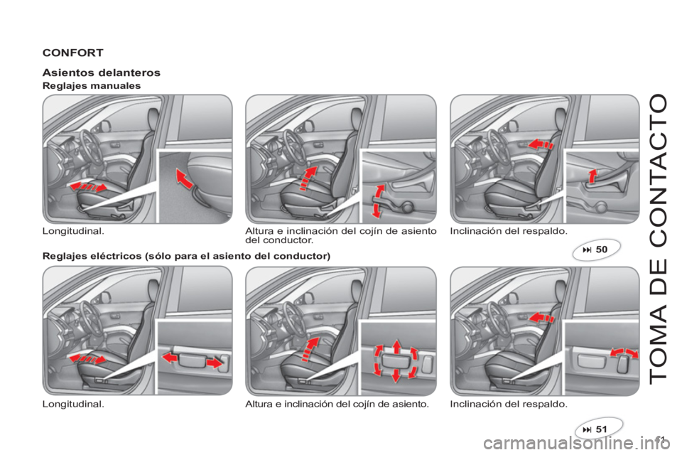 CITROEN C-CROSSER 2012  Manuales de Empleo (in Spanish) 11  
T
O
MA DE 
CO
NTA
C
T
O
CONFORT
�51  
 
 
 
 
Asientos delanteros 
 
Longitudinal.  Altura e inclinación del cojín de asientodel conductor.  Inclinación del respaldo.    
Reglajes manuales 
 
