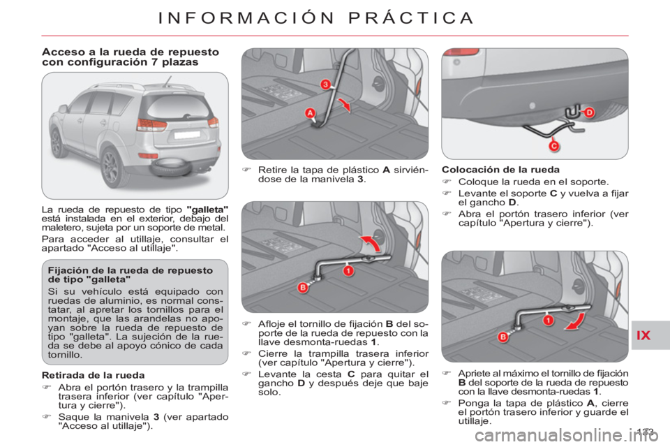 CITROEN C-CROSSER 2012 Manuales de Empleo (in Spanish) IX
INFORMACIÓN PRÁCTICA
133
Fijación de la rueda de repuesto
de tipo "galleta"
Si su vehículo está equipado con
ruedas de aluminio, es normal cons-
tatar, al apretar los tornillos para CITROEN C-CROSSER 2012 Manuales de Empleo (in Spanish) IX
INFORMACIÓN PRÁCTICA
133
Fijación de la rueda de repuesto
de tipo "galleta"
Si su vehículo está equipado con
ruedas de aluminio, es normal cons-
tatar, al apretar los tornillos para