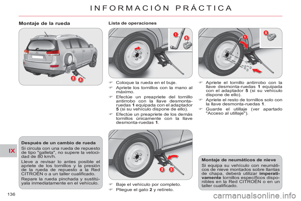 CITROEN C-CROSSER 2012 Manuales de Empleo (in Spanish) IX
INFORMACIÓN PRÁCTICA
136
Después de un cambio de rueda
Si circula con una rueda de repuesto
de tipo "galleta", no supere la veloci-
dad de 80 km/h.
Lleve a revisar lo antes posible el CITROEN C-CROSSER 2012 Manuales de Empleo (in Spanish) IX
INFORMACIÓN PRÁCTICA
136
Después de un cambio de rueda
Si circula con una rueda de repuesto
de tipo "galleta", no supere la veloci-
dad de 80 km/h.
Lleve a revisar lo antes posible el