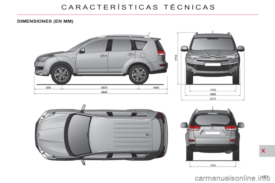 CITROEN C-CROSSER 2012 Manuales de Empleo (in Spanish) X
CARACTERÍSTICAS TÉCNICAS
161
DIMENSIONES (EN MM) CITROEN C-CROSSER 2012 Manuales de Empleo (in Spanish) X
CARACTERÍSTICAS TÉCNICAS
161
DIMENSIONES (EN MM)