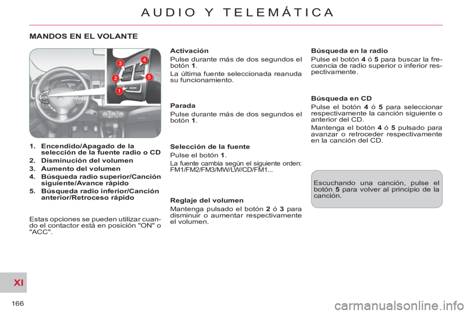 CITROEN C-CROSSER 2012 Manuales de Empleo (in Spanish) XI
166
AUDIO Y TELEMÁTICA
MANDOS EN EL VOLANTE
1.
Encendido
/
Apagado
de la
selección de la
fuente
radio o CD
2.
Disminución del volumen
3.
Aumen CITROEN C-CROSSER 2012 Manuales de Empleo (in Spanish) XI
166
AUDIO Y TELEMÁTICA
MANDOS EN EL VOLANTE
1.
Encendido
/
Apagado
de la
selección de la
fuente
radio o CD
2.
Disminución del volumen
3.
Aumen