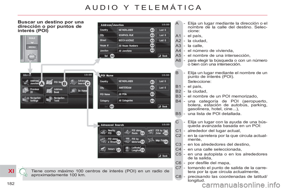 CITROEN C-CROSSER 2012 Manuales de Empleo (in Spanish) XI
182
AUDIO Y TELEMÁTICA
B - Elija un lugar mediante el nombre de un
punto de interés (POI).
Seleccione:
B1 - el país,
B2 - la ciudad,
B3 - el nombre de un POI memorizado,
B CITROEN C-CROSSER 2012 Manuales de Empleo (in Spanish) XI
182
AUDIO Y TELEMÁTICA
B - Elija un lugar mediante el nombre de un
punto de interés (POI).
Seleccione:
B1 - el país,
B2 - la ciudad,
B3 - el nombre de un POI memorizado,
B