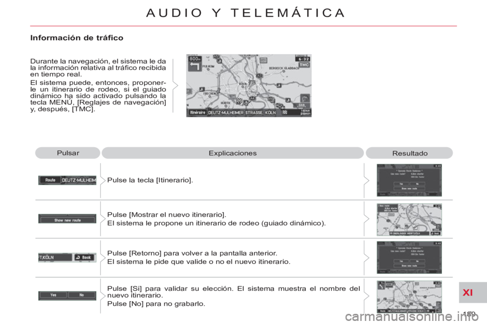 CITROEN C-CROSSER 2012  Manuales de Empleo (in Spanish) XI
189 
AUDIO Y TELEMÁTICA
  Pulsar 
  Explicaciones 
  Resultado 
  Pulse la tecla [Itinerario]. 
  Pulse [Mostrar el nuevo itinerario].  
El sistema le propone un itinerario de rodeo (guiado dinám