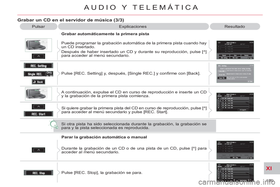 CITROEN C-CROSSER 2012 Manuales de Empleo (in Spanish) XI
199
AUDIO Y TELEMÁTICA
Grabar un CD en el servidor de música (3/3)
Pulsar Explicaciones Resultado
Grabar automáticamente la primera pista
Puede programar la grabación automát CITROEN C-CROSSER 2012 Manuales de Empleo (in Spanish) XI
199
AUDIO Y TELEMÁTICA
Grabar un CD en el servidor de música (3/3)
Pulsar Explicaciones Resultado
Grabar automáticamente la primera pista
Puede programar la grabación automát