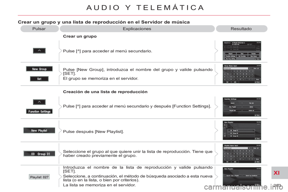 CITROEN C-CROSSER 2012  Manuales de Empleo (in Spanish) XI
203 
AUDIO Y TELEMÁTICA
Crear un grupo y una lista de reproducción en el Servidor de música
  Explicaciones  Resultado 
  Pulse [^] para acceder al menú secundario.     
Crear un grupo 
  Pulse