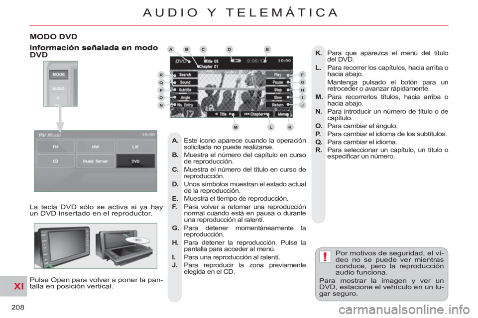 CITROEN C-CROSSER 2012  Manuales de Empleo (in Spanish) XI
!
208
AUDIO Y TELEMÁTICA
MODO DVD
  La tecla DVD sólo se activa si ya hay 
un DVD insertado en el reproductor. 
  Pulse Open para volver a poner la pan-
talla en posición vertical.   Por motivos