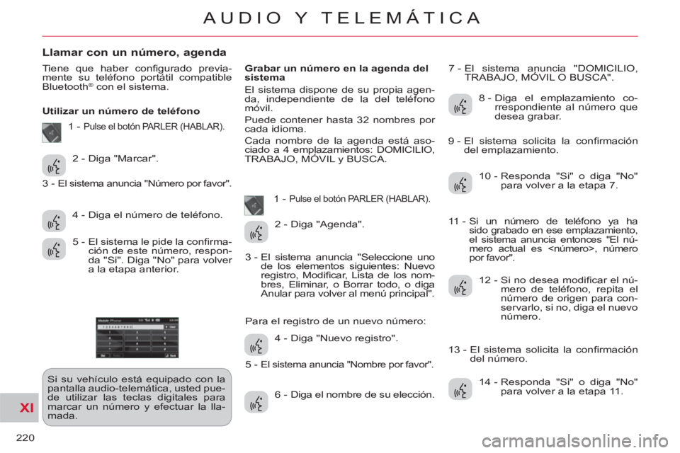 CITROEN C-CROSSER 2012 Manuales de Empleo (in Spanish) XI
220
AUDIO Y TELEMÁTICA
Llamar con un número, agenda
Tiene que haber confi gurado previa-
mente su teléfono portátil compatible
Bluetooth
® con el sistema.
Utilizar un número de tel CITROEN C-CROSSER 2012 Manuales de Empleo (in Spanish) XI
220
AUDIO Y TELEMÁTICA
Llamar con un número, agenda
Tiene que haber confi gurado previa-
mente su teléfono portátil compatible
Bluetooth
® con el sistema.
Utilizar un número de tel