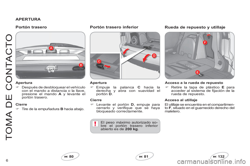 CITROEN C-CROSSER 2012  Manuales de Empleo (in Spanish) !
6
T
O
MA DE 
CO
NTA
C
T
O
   
Apertura 
�) 
  Después de desbloquear el vehículocon el mando a distancia o la llave,presione el mando  Ay levante elportón trasero.
 
 
Portón trasero  Portón tr