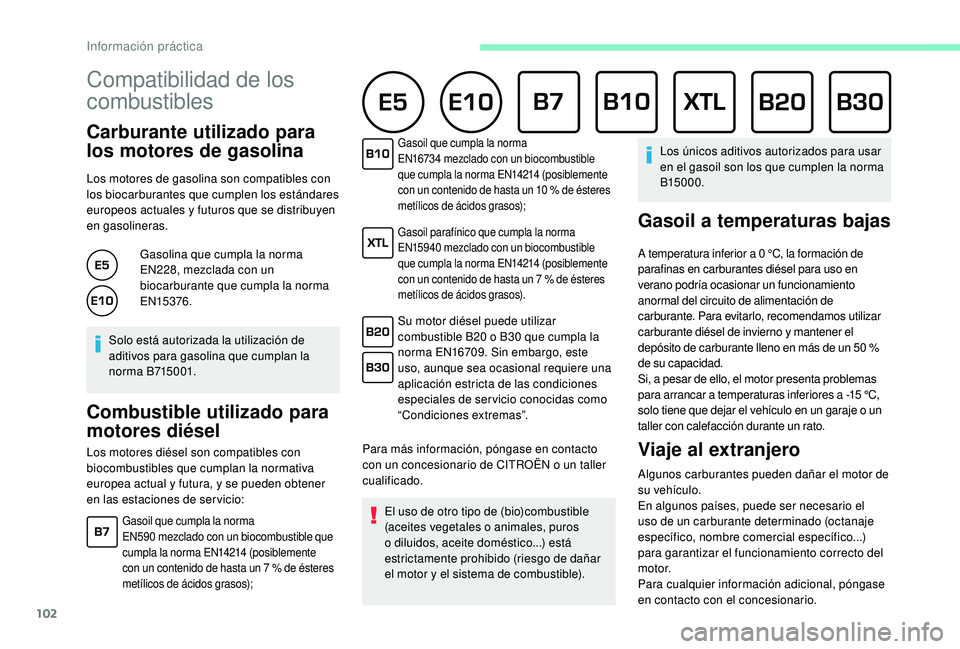CITROEN C-ELYSÉE 2018 Manuales de Empleo (in Spanish) 102
Compatibilidad de los
combustibles
Carburante utilizado para
los motores de gasolina
Los motores de gasolina son compatibles con
los biocarburantes que cumplen los estándares
europeos actuale CITROEN C-ELYSÉE 2018 Manuales de Empleo (in Spanish) 102
Compatibilidad de los
combustibles
Carburante utilizado para
los motores de gasolina
Los motores de gasolina son compatibles con
los biocarburantes que cumplen los estándares
europeos actuale