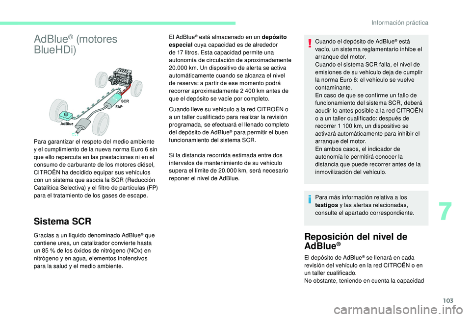 CITROEN C-ELYSÉE 2018 Manuales de Empleo (in Spanish) 103
AdBlue® (motores
BlueHDi)
Sistema SCR
Gracias a un líquido denominado AdBlue® que
contiene urea, un catalizador convierte hasta
un 85
% de los óxidos de nitrógeno (NOx) en
nitrógeno y CITROEN C-ELYSÉE 2018 Manuales de Empleo (in Spanish) 103
AdBlue® (motores
BlueHDi)
Sistema SCR
Gracias a un líquido denominado AdBlue® que
contiene urea, un catalizador convierte hasta
un 85
% de los óxidos de nitrógeno (NOx) en
nitrógeno y
