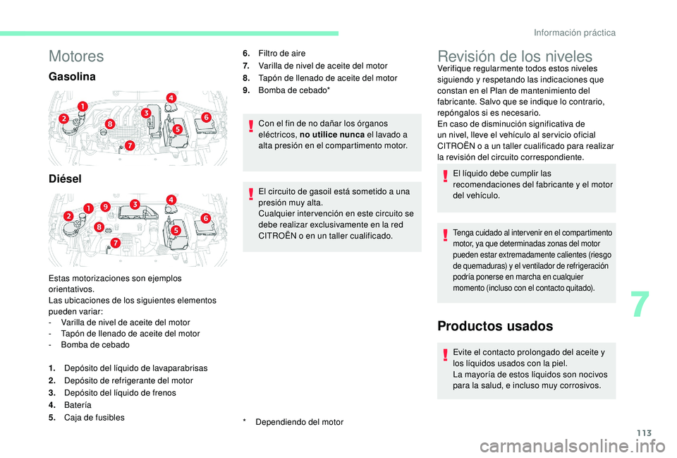 CITROEN C-ELYSÉE 2018 Manuales de Empleo (in Spanish) 113
Motores
Gasolina
Diésel
Estas motorizaciones son ejemplos
orientativos.
Las ubicaciones de los siguientes elementos
pueden variar:
-
V
arilla de nivel de aceite del motor
-
T
apón de llen CITROEN C-ELYSÉE 2018 Manuales de Empleo (in Spanish) 113
Motores
Gasolina
Diésel
Estas motorizaciones son ejemplos
orientativos.
Las ubicaciones de los siguientes elementos
pueden variar:
-
V
arilla de nivel de aceite del motor
-
T
apón de llen