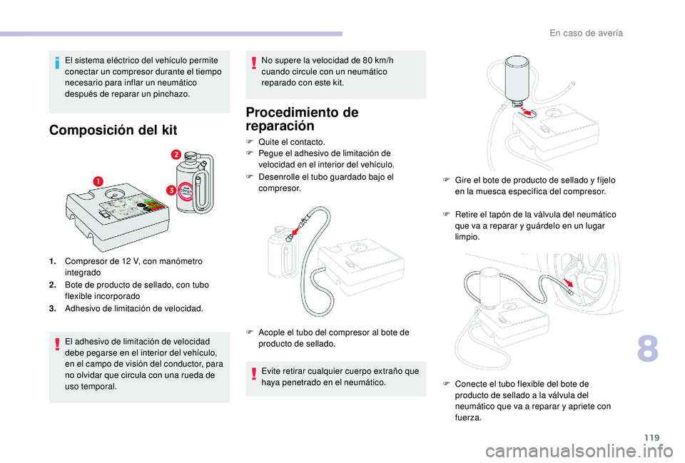 CITROEN C-ELYSÉE 2022 Manuales de Empleo (in Spanish) 119
El sistema eléctrico del vehículo permite
conectar un compresor durante el tiempo
necesario para inflar un neumático
después de reparar un pinchazo.
Composición del kit
1.Compresor de 12 CITROEN C-ELYSÉE 2022 Manuales de Empleo (in Spanish) 119
El sistema eléctrico del vehículo permite
conectar un compresor durante el tiempo
necesario para inflar un neumático
después de reparar un pinchazo.
Composición del kit
1.Compresor de 12