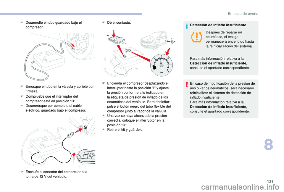 CITROEN C-ELYSÉE 2022 Manuales de Empleo (in Spanish) 121
F Compruebe que el interruptor del compresor esté en posición “ O”.
F
D
esenrosque por completo el cable
eléctrico, guardado bajo el compresor.
F
D
esenrolle el tubo guardado bajo el CITROEN C-ELYSÉE 2022 Manuales de Empleo (in Spanish) 121
F Compruebe que el interruptor del compresor esté en posición “ O”.
F
D
esenrosque por completo el cable
eléctrico, guardado bajo el compresor.
F
D
esenrolle el tubo guardado bajo el