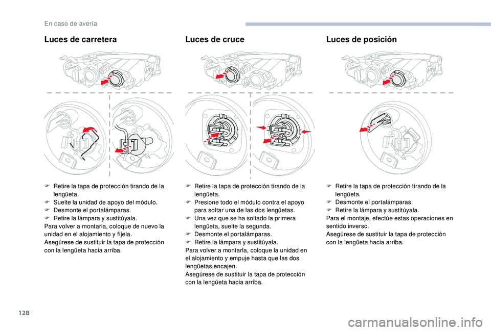 CITROEN C-ELYSÉE 2022 Manuales de Empleo (in Spanish) 128
Luces de carreteraLuces de cruceLuces de posición
F Retire la tapa de protección tirando de la
lengüeta.
F
S
uelte la unidad de apoyo del módulo.
F
D
esmonte el portalámparas.
F
R
e CITROEN C-ELYSÉE 2022 Manuales de Empleo (in Spanish) 128
Luces de carreteraLuces de cruceLuces de posición
F Retire la tapa de protección tirando de la
lengüeta.
F
S
uelte la unidad de apoyo del módulo.
F
D
esmonte el portalámparas.
F
R
e