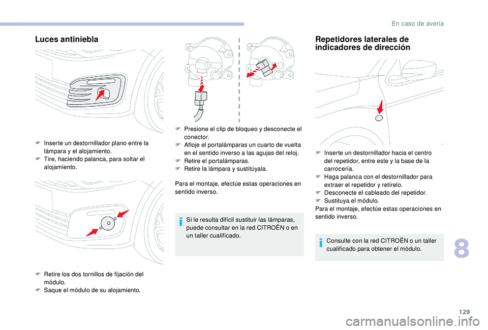 CITROEN C-ELYSÉE 2018 Manuales de Empleo (in Spanish) 129
Luces antiniebla
Para el montaje, efectúe estas operaciones en
sentido inverso.Si le resulta difícil sustituir las lámparas,
puede consultar en la red CITROËN o en
un taller cualificado.
Re CITROEN C-ELYSÉE 2018 Manuales de Empleo (in Spanish) 129
Luces antiniebla
Para el montaje, efectúe estas operaciones en
sentido inverso.Si le resulta difícil sustituir las lámparas,
puede consultar en la red CITROËN o en
un taller cualificado.
Re