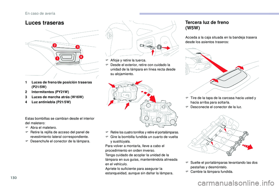 CITROEN C-ELYSÉE 2018 Manuales de Empleo (in Spanish) 130
Luces traserasTercera luz de freno
(W5W)
Acceda a la caja situada en la bandeja trasera
desde los asientos traseros:
F
S
uelte el portalámparas levantando las dos
pestañas y desmóntelo.
F
CITROEN C-ELYSÉE 2018 Manuales de Empleo (in Spanish) 130
Luces traserasTercera luz de freno
(W5W)
Acceda a la caja situada en la bandeja trasera
desde los asientos traseros:
F
S
uelte el portalámparas levantando las dos
pestañas y desmóntelo.
F