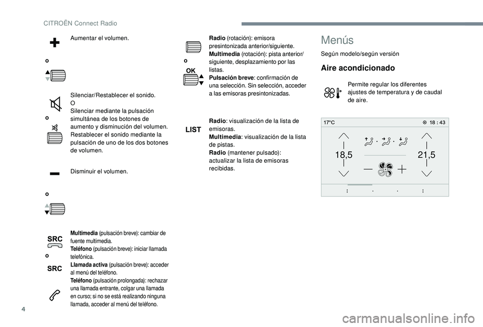 CITROEN C-ELYSÉE 2022  Manuales de Empleo (in Spanish) 4
21,518,5
 o Aumentar el volumen.
 o  Silenciar/Restablecer el sonido.
O
Silenciar mediante la pulsación 
simultánea de los botones de 
aumento y disminución del volumen.
Restablecer el sonido med