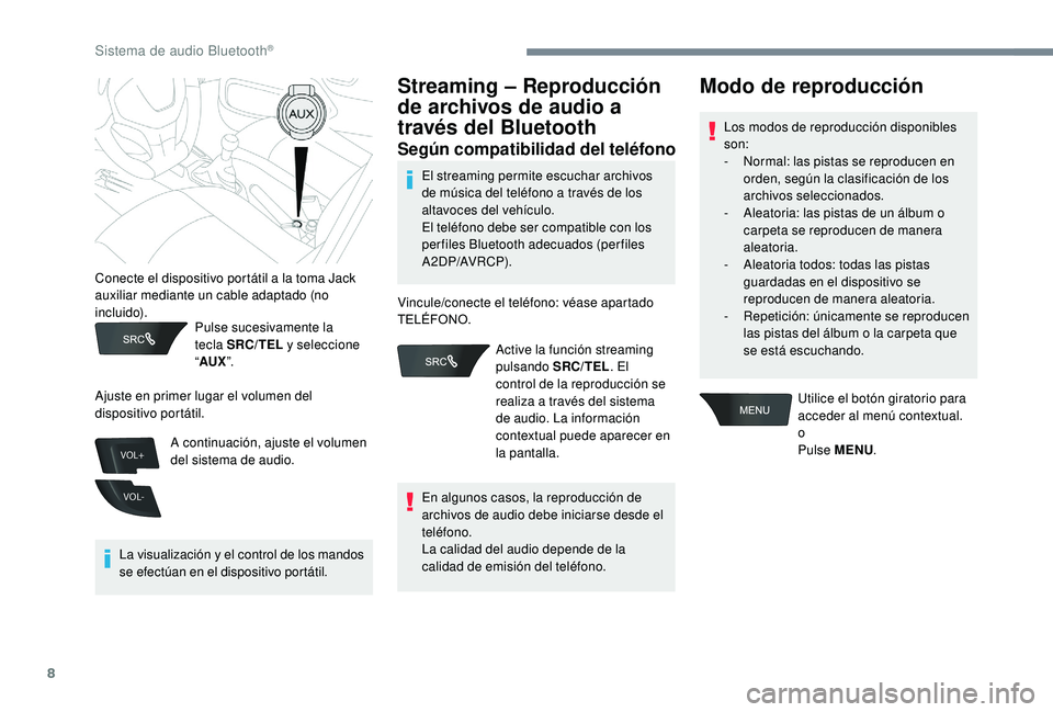 CITROEN C-ELYSÉE 2022 Manuales de Empleo (in Spanish) 8
VOL+
VOL-
Pulse sucesivamente la
tecla SRC/TEL y seleccione
“ AUX ”.
La visualización y el control de los mandos
se efectúan en el dispositivo portátil.
Streaming – Reproducción
de arc CITROEN C-ELYSÉE 2022 Manuales de Empleo (in Spanish) 8
VOL+
VOL-
Pulse sucesivamente la
tecla SRC/TEL y seleccione
“ AUX ”.
La visualización y el control de los mandos
se efectúan en el dispositivo portátil.
Streaming – Reproducción
de arc