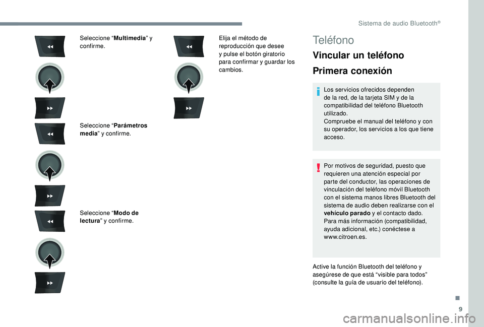 CITROEN C-ELYSÉE 2022 Manuales de Empleo (in Spanish) 9
Seleccione “Multimedia” y
confirme.
Seleccione “ Parámetros
media ” y confirme.
Seleccione “ Modo de
lectura ” y confirme. Elija el método de
reproducción que desee
y pulse el bo CITROEN C-ELYSÉE 2022 Manuales de Empleo (in Spanish) 9
Seleccione “Multimedia” y
confirme.
Seleccione “ Parámetros
media ” y confirme.
Seleccione “ Modo de
lectura ” y confirme. Elija el método de
reproducción que desee
y pulse el bo