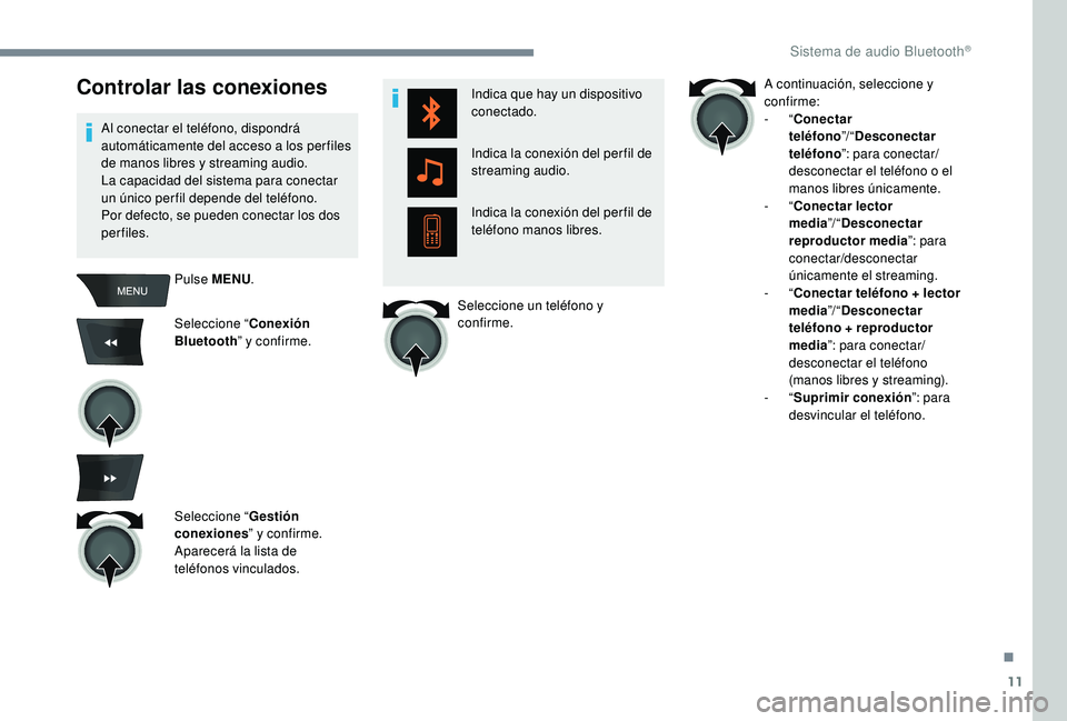 CITROEN C-ELYSÉE 2022 Manuales de Empleo (in Spanish) 11
Controlar las conexiones
Al conectar el teléfono, dispondrá
automáticamente del acceso a los per files
de manos libres y streaming audio.
La capacidad del sistema para conectar
un único per CITROEN C-ELYSÉE 2022 Manuales de Empleo (in Spanish) 11
Controlar las conexiones
Al conectar el teléfono, dispondrá
automáticamente del acceso a los per files
de manos libres y streaming audio.
La capacidad del sistema para conectar
un único per