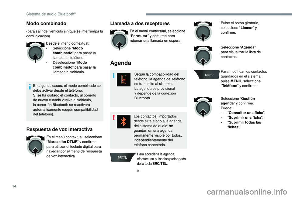 CITROEN C-ELYSÉE 2022 Manuales de Empleo (in Spanish) 14
Modo combinado
(para salir del vehículo sin que se interrumpa la
comunicación)Desde el menú contextual:
-
Sel
eccione “Modo
combinado ” para pasar la
llamada al teléfono.
-
D
eselecc CITROEN C-ELYSÉE 2022 Manuales de Empleo (in Spanish) 14
Modo combinado
(para salir del vehículo sin que se interrumpa la
comunicación)Desde el menú contextual:
-
Sel
eccione “Modo
combinado ” para pasar la
llamada al teléfono.
-
D
eselecc