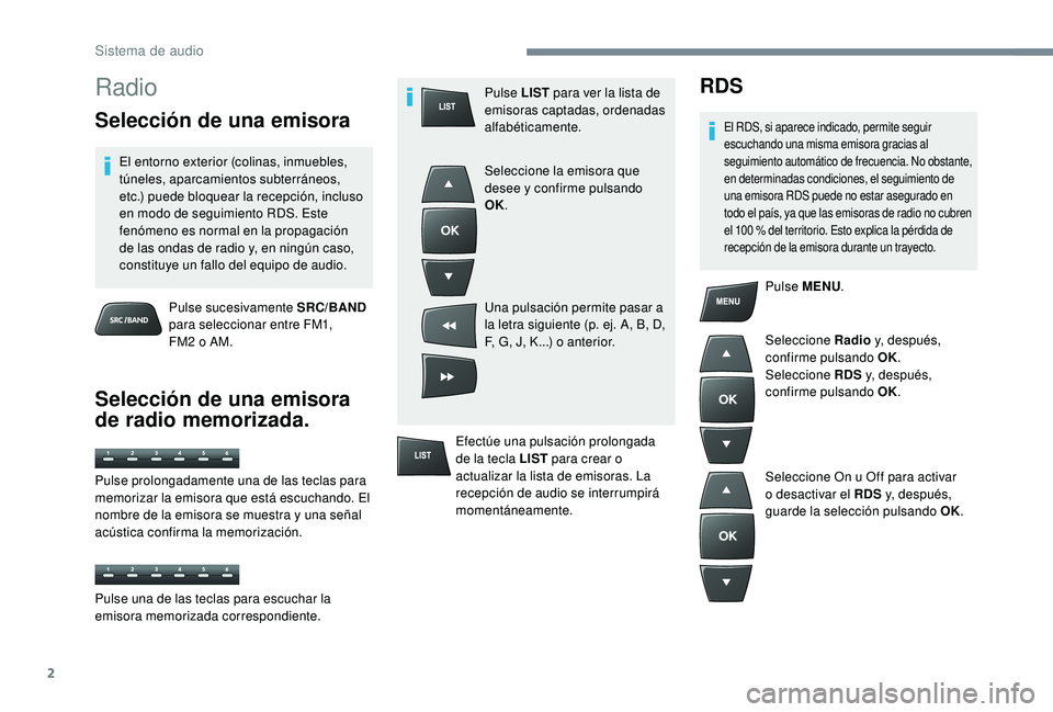 CITROEN C-ELYSÉE 2022 Manuales de Empleo (in Spanish) 2
Radio
Selección de una emisora
El entorno exterior (colinas, inmuebles,
túneles, aparcamientos subterráneos,
etc.) puede bloquear la recepción, incluso
en modo de seguimiento RDS. Este
fenó CITROEN C-ELYSÉE 2022 Manuales de Empleo (in Spanish) 2
Radio
Selección de una emisora
El entorno exterior (colinas, inmuebles,
túneles, aparcamientos subterráneos,
etc.) puede bloquear la recepción, incluso
en modo de seguimiento RDS. Este
fenó