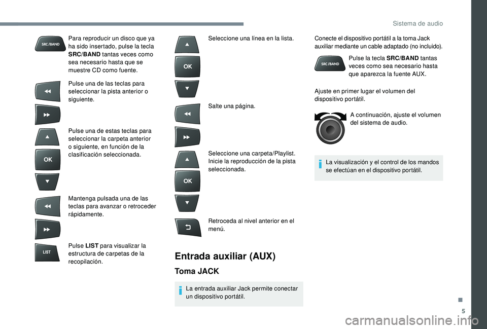 CITROEN C-ELYSÉE 2022 Manuales de Empleo (in Spanish) 5
Para reproducir un disco que ya
ha sido insertado, pulse la tecla
SRC/BAND tantas veces como
sea necesario hasta que se
muestre CD como fuente.
Pulse una de las teclas para
seleccionar la pista CITROEN C-ELYSÉE 2022 Manuales de Empleo (in Spanish) 5
Para reproducir un disco que ya
ha sido insertado, pulse la tecla
SRC/BAND tantas veces como
sea necesario hasta que se
muestre CD como fuente.
Pulse una de las teclas para
seleccionar la pista
