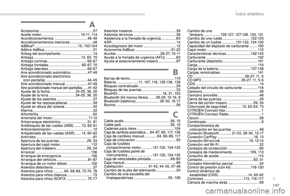 CITROEN C-ELYSÉE 2022  Manuales de Empleo (in Spanish) 147
Accesorios ...................................................... 57
Aceite motor  ....................................... 1 0 -11,  114
Acondicionamientos
 

.................................48-4