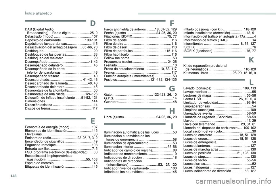 CITROEN C-ELYSÉE 2022  Manuales de Empleo (in Spanish) 148
DAB (Digital Audio Broadcasting) – Radio digital  ...................25, 9
Delastrado (modo)
 

........................................ 107
Depósito de carburante
 ......................... 10